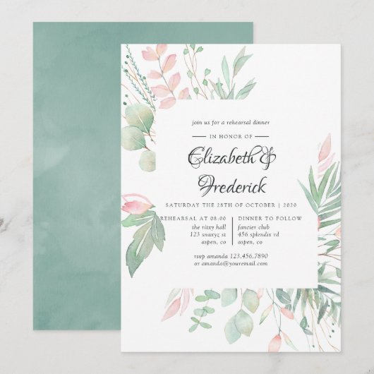 Pastel Blush Greenery Wedding Rehearsal Dinner Kaart (Voorkant / Achterkant)