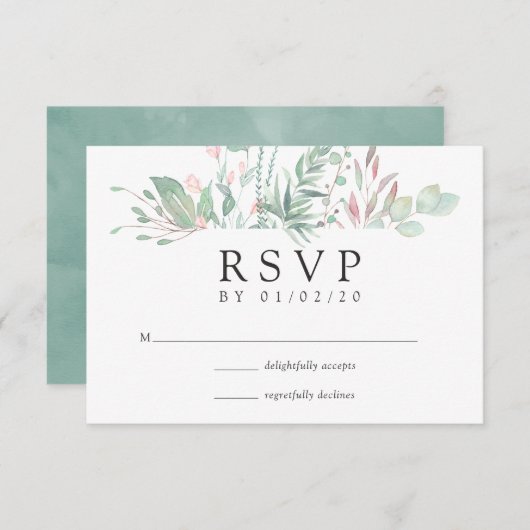 Pastel Blush Greenery Wedding RSVP Kaartje (Voorkant / Achterkant)