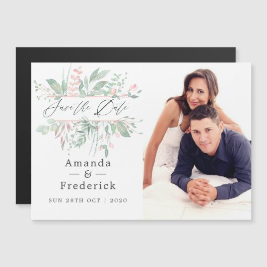 Pastel Blush Greenery Wedding Save the Date Magnetische Uitnodiging (Voorkant / Achterkant)