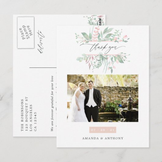 Pastel Blush groen bruiloft foto dank u Briefkaart (Voorkant / Achterkant)