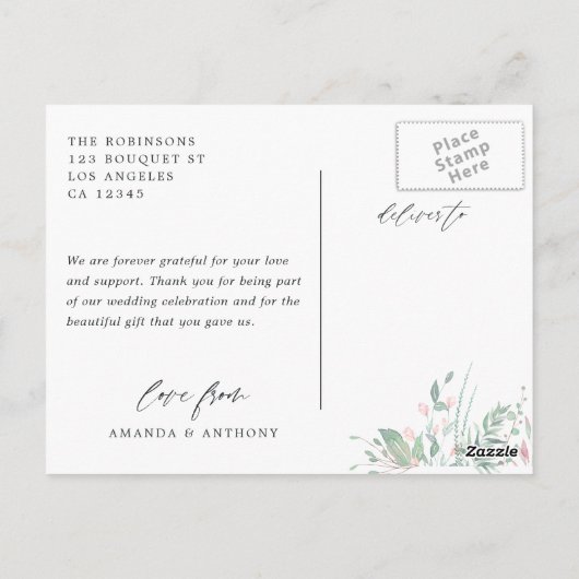 Pastel Blush groen bruiloft foto dank u Briefkaart (Achterkant)