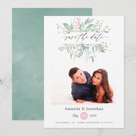 Pastel Blush groen foto bruiloft Save The Date (Voorkant / Achterkant)