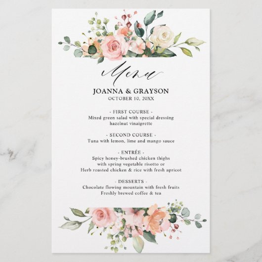 Pastel Blush Ivory Floral Botanical Wedding Menu (Voorkant)