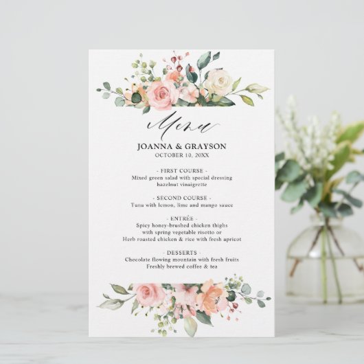 Pastel Blush Ivory Floral Botanical Wedding Menu (Staand voorkant)
