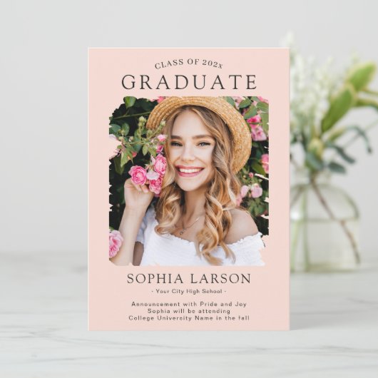 Pastel Blush Navy Brush Stroke Photo Afstuderen Aankondiging (Staand voorkant)