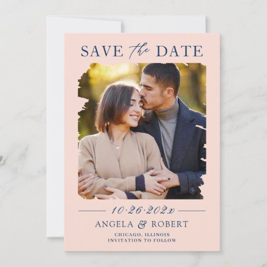 Pastel Blush Navy Brush Stroke Photo Lijst Weddens Save The Date (Voorkant)
