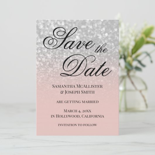 Pastel Blush Ombre Silver Glitter Save the Date Kaart (Staand voorkant)