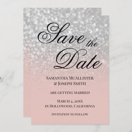 Pastel Blush Ombre Silver Glitter Save the Date Kaart (Voorkant / Achterkant)