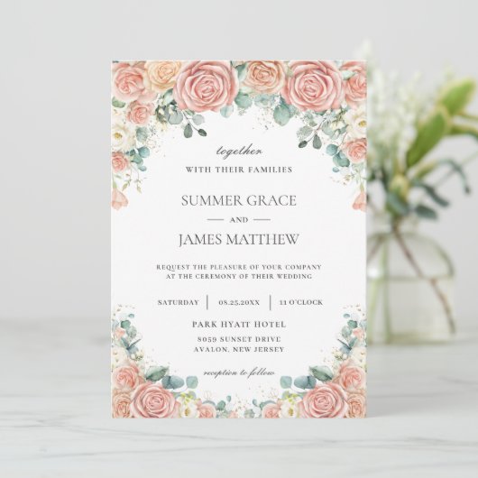 Pastel Blush Peach Ivory Floral Rozen Weddenschap Kaart (Staand voorkant)