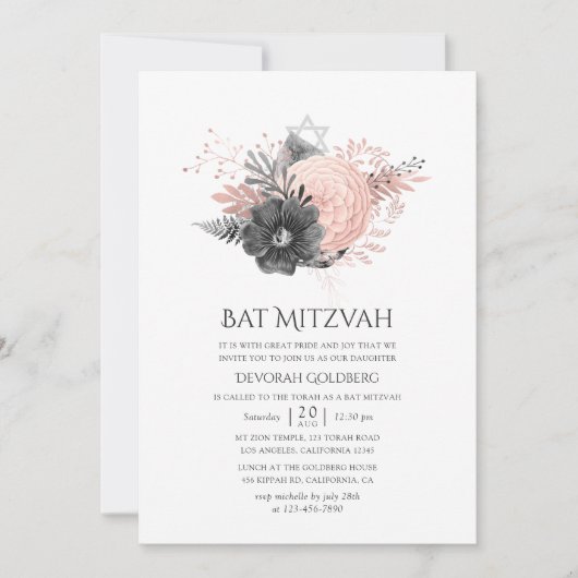 Pastel Blush Pink and Charcoal Floral Bat Mitzvah Kaart (Voorkant)