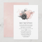 Pastel Blush Pink and Charcoal Floral Bat Mitzvah Kaart (Voorkant / Achterkant)