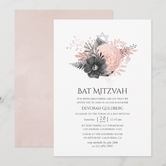 Pastel Blush Pink and Charcoal Floral Bat Mitzvah Kaart (Voorkant / Achterkant)