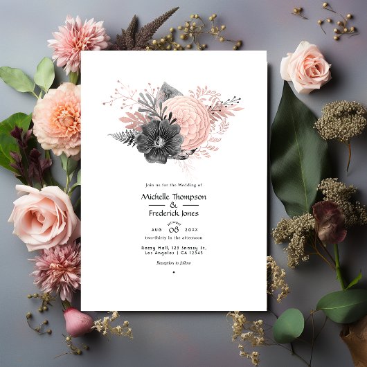Pastel Blush Pink and Charcoal Floral Wedding Kaart