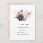 Pastel Blush Pink and Charcoal Floral Wedding Save The Date (Voorkant / Achterkant)