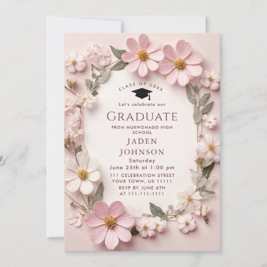 Pastel Blush Pink Boho Wildflower Afstudeerfeest Kaart (Voorkant)