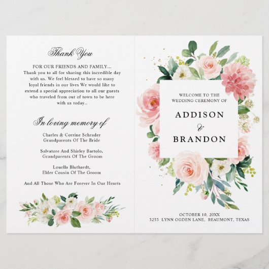 Pastel Blush Pink Botanical Weddenprogramma (Voorkant)