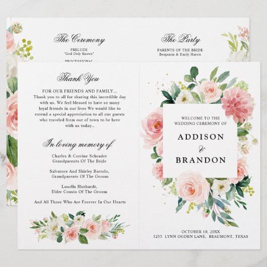 Pastel Blush Pink Botanical Weddenprogramma (Voorkant / Achterkant)