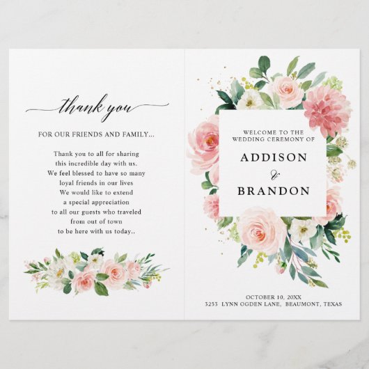 Pastel Blush Pink Botanical Weddenprogramma (Voorkant)