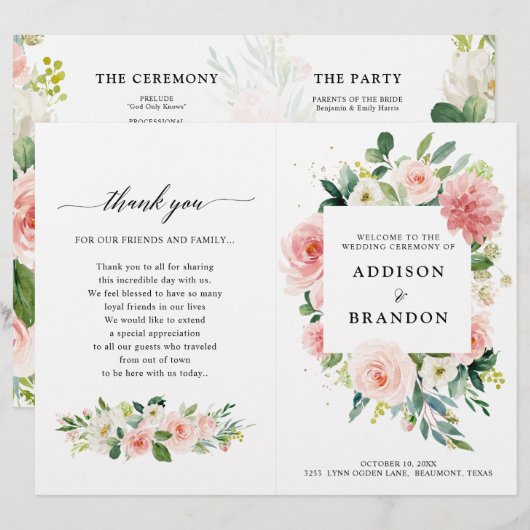 Pastel Blush Pink Botanical Weddenprogramma (Voorkant / Achterkant)