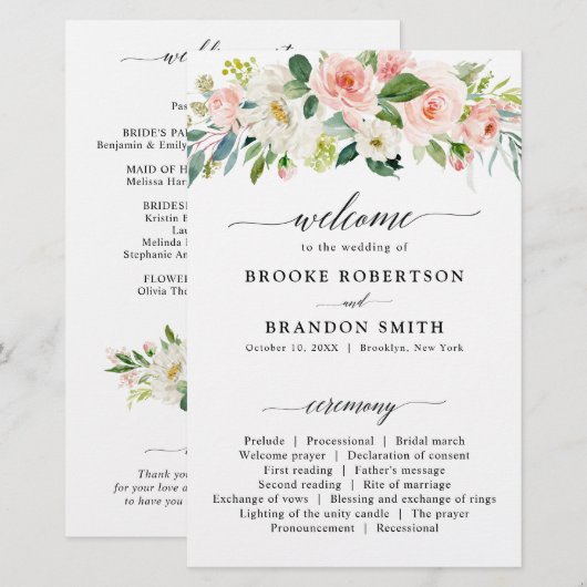 Pastel Blush  Pink Botanical Weddenprogramma (Voorkant / Achterkant)