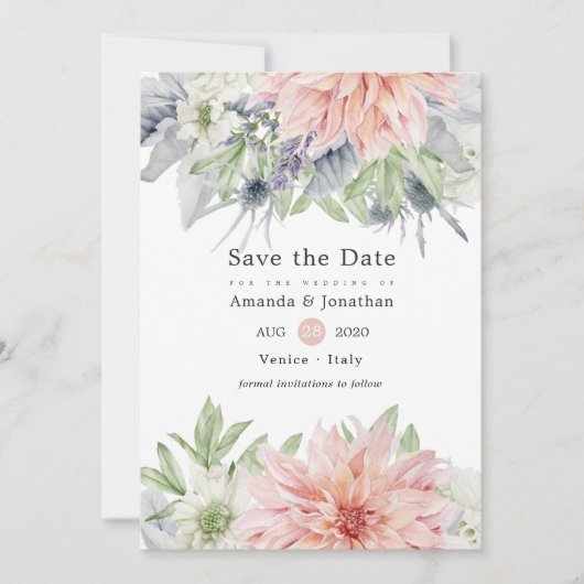 Pastel Blush Pink Dahlia Weddenschap Save the Date (Voorkant)