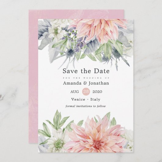 Pastel Blush Pink Dahlia Weddenschap Save the Date (Voorkant / Achterkant)