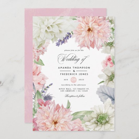 Pastel Blush Pink Dahlia Wedding Invitation Kaart (Voorkant / Achterkant)