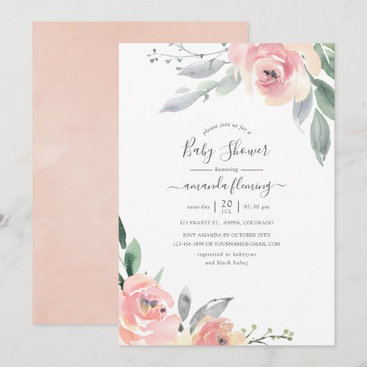 Pastel Blush Pink Floral Baby shower Kaart (Voorkant / Achterkant)