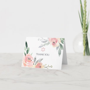 Pastel Blush Pink Floral Bat Mitzvah Hartelijk dan Bedankkaart