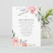 Pastel Blush Pink Floral Bat Mitzvah Kaart (Staand voorkant)