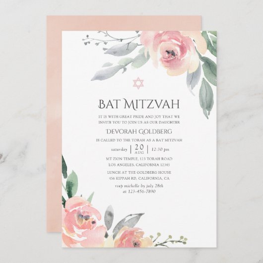 Pastel Blush Pink Floral Bat Mitzvah Kaart (Voorkant / Achterkant)