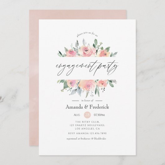 Pastel Blush Pink Floral Engagement Party Kaart (Voorkant / Achterkant)
