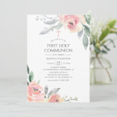 Pastel Blush Pink Floral First Heilige Communie Kaart (Staand voorkant)