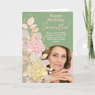 Pastel Blush Pink Floral Photo Birthday Greeting Kaart