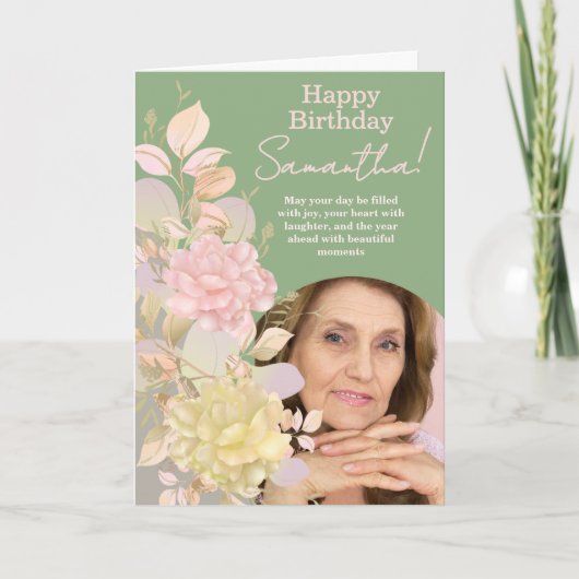Pastel Blush Pink Floral Photo Birthday Greeting Kaart (Voorkant)
