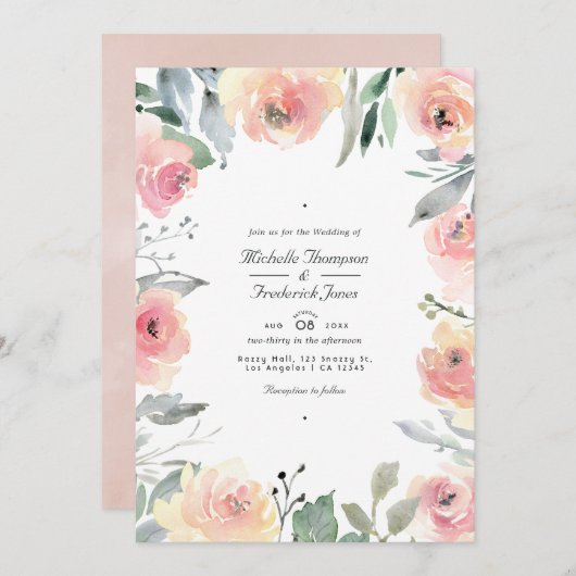 Pastel Blush Pink Floral QR Code RSVP Weddenschap Kaart (Voorkant / Achterkant)