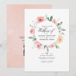 Pastel Blush Pink Floral QR Code RSVP Weddenschap Kaart