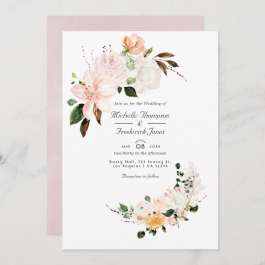 Pastel Blush Pink Floral QR Code RSVP Weddenschap Kaart (Voorkant / Achterkant)