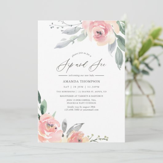 Pastel Blush Pink Floral Sip and See Party Kaart (Staand voorkant)