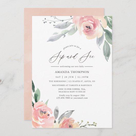 Pastel Blush Pink Floral Sip and See Party Kaart (Voorkant / Achterkant)