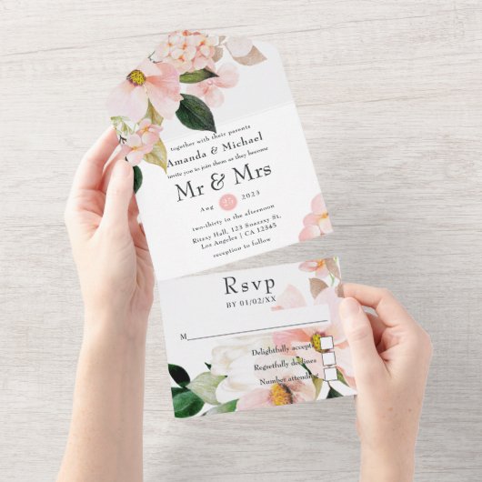 Pastel Blush Pink Floral Weddenschap All In One Uitnodiging (Afscheurbaar)