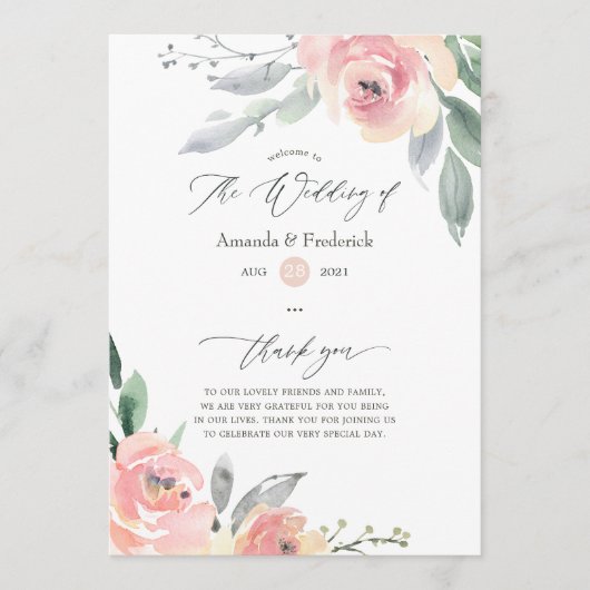 Pastel Blush Pink Floral Weddenschap Programmakaart (Voorkant)