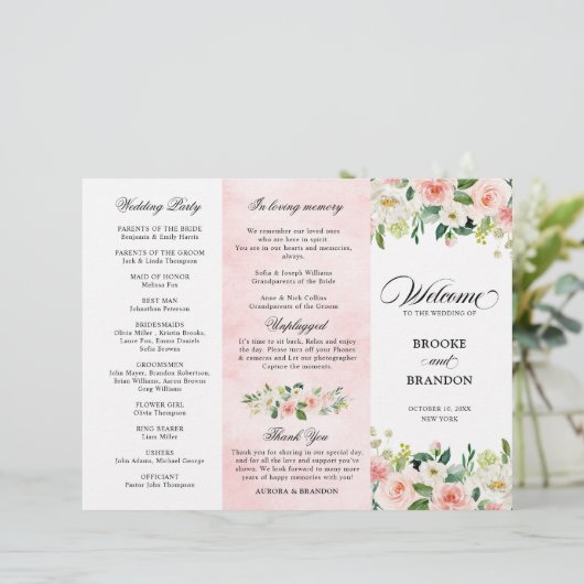 Pastel Blush Pink Floral Wedding Programme (Staand voorkant)
