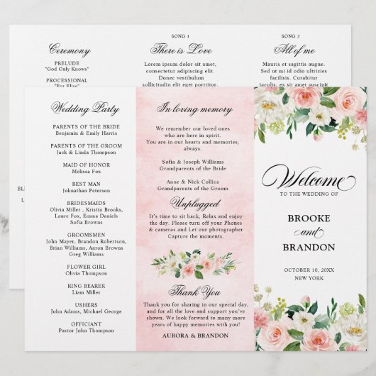 Pastel Blush  Pink Floral Wedding Programme (Voorkant / Achterkant)