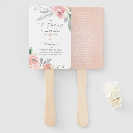 Pastel Blush Pink Floral Wedding Programme Handwaaier (Voorkant en achterkant)