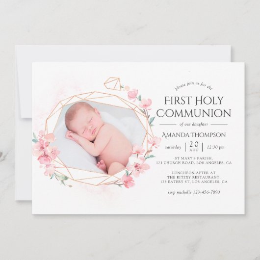 Pastel Blush Pink Geometric Floral Heilige Communi Kaart (Voorkant)