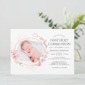Pastel Blush Pink Geometric Floral Heilige Communi Kaart (Staand voorkant)