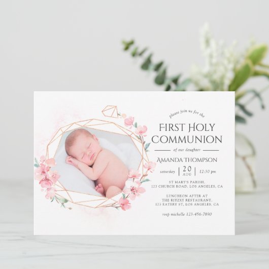 Pastel Blush Pink Geometric Floral Heilige Communi Kaart (Staand voorkant)