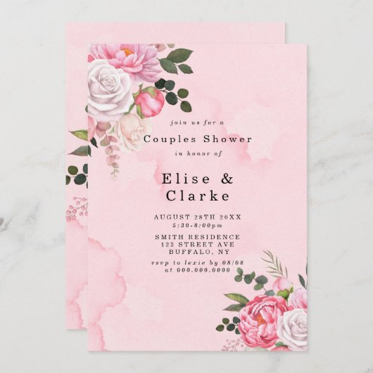 Pastel Blush Pink White Peony Couple Shower Invite (Voorkant / Achterkant)