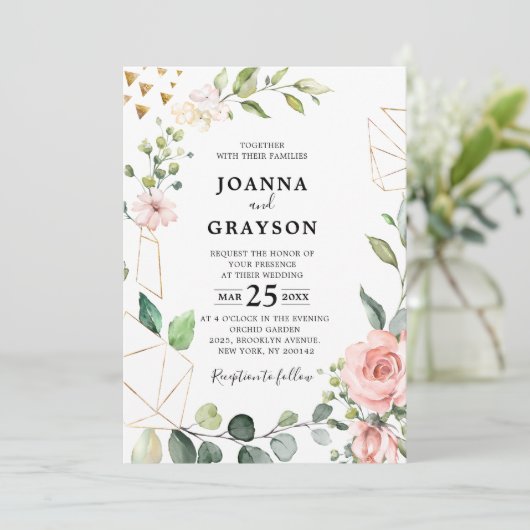 Pastel Blush Roos Floral Botanical Weddenschap Kaart (Staand voorkant)